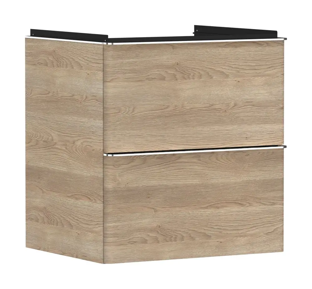 Heller Waschtischunterschrank von Hansgrohe mit zwei Schubkästen. Er besteht aus einer Holzoberfläche mit einer natürlichen Eiche-Optik und einem schlichten Design.